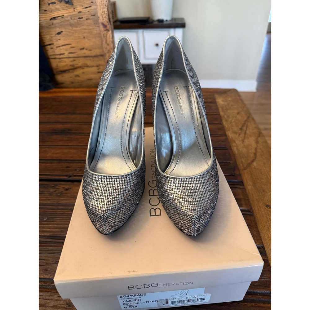 BCBGeneration Parade Silver Glitter Platform Pumps Stiletto Heels Size 8.5M